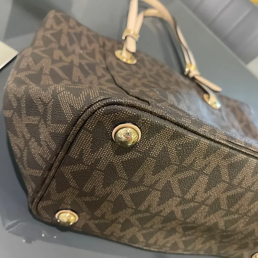 Michael Kors Jet Set MK Logo Brown Leather Tote Bag Purse